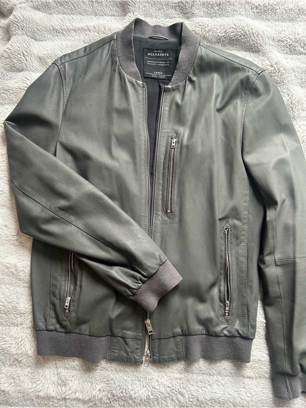 AllSaints Men's Slate Gray Leather Bomber Jacket